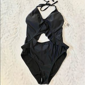 NWT Black Cutout Ruffle One Piece Swimsuit